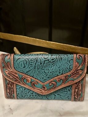 New Western Cowhide grain tooled leather Turquoise Merbaa Wallet Clutch purse